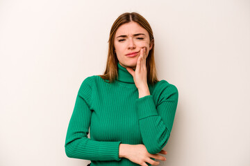 Young caucasian woman isolated on white background having a strong teeth pain, molar ache.