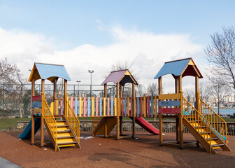 Colorful childrens park. Slide. No people.