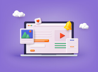 Video player, gallery, development, seo analysis concept with floating elements. Distance training, streaming, webinar, conference videos. 3D Web Vector Illustrations.