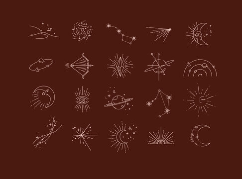 Flat elegance astrology signs landscape, galaxy, constellation, comet, moon, orbit, bow, arrows, crystal, eye, Saturn, star, stars, sun, particles, particle, sunset, space modern line style red color
