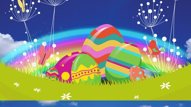Animation of colorful eggs and rainbow graphic