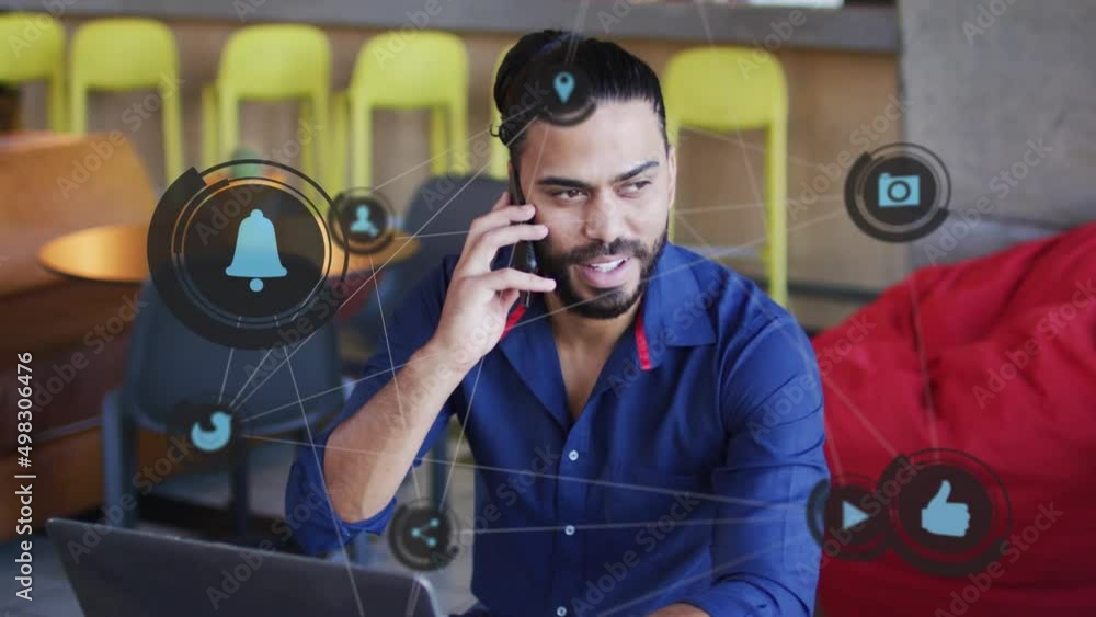 Poster animation of network of connections with icons over biracial man using technology