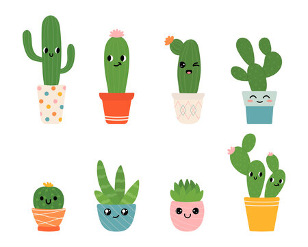 Cute cactus plant in pots with cute faces. Indoor plants in a flat style. Vector illustration set.