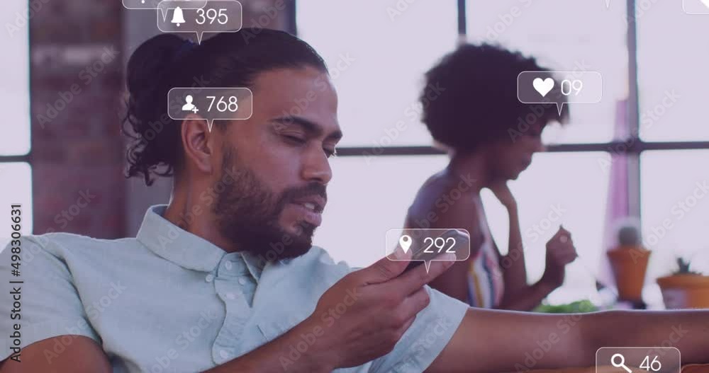 Poster animation of social network notifications over biracial man using technology