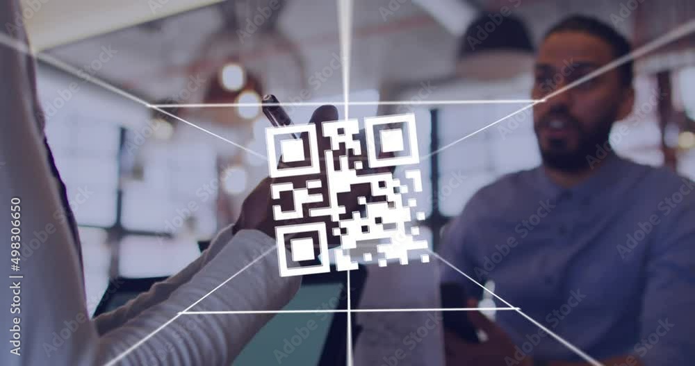 Poster animation of qr code and digital interface over diverse couple using technology