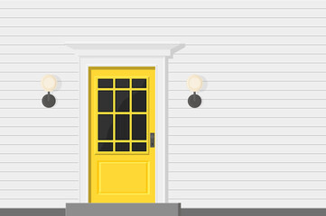 yellow door of a new house made of white wooden walls and a ladder