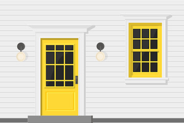 white wooden house with yellow door and yellow window
