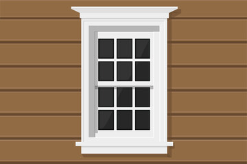 white wooden window with glass in a beige wooden house