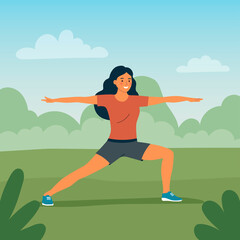 Fitness young woman in yoga pose in the park. Vector cartoon flat style illustration