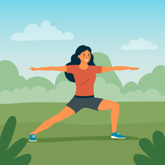 Fitness young woman in yoga  pose in the park. Vector cartoon flat style illustration