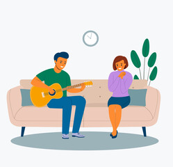 Young man playing guitar to a girl in sofa at living room. Vector flat style illustration