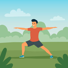Fitness young man in yoga  pose in the park. Vector cartoon flat style illustration