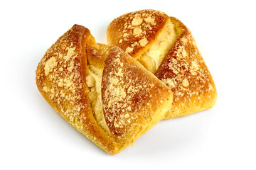 Fresh homemade buns with cottage cheese, close-up, isolated on white background.