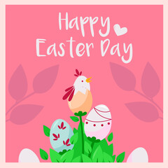 Happy Easter Day spring illustration with plant, eggs and bird on pink background