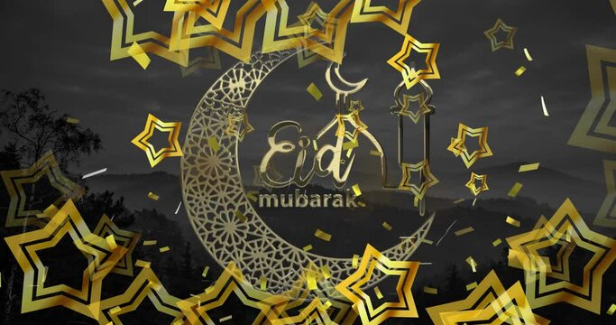 Animation of eid mubarak logo and text over falling stars
