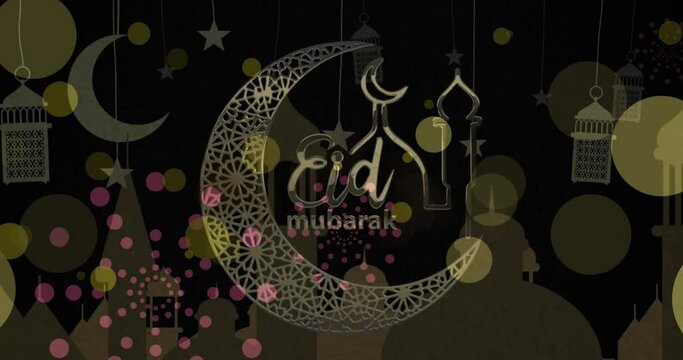 Animation of eid mubarak logo and text over moons and mosque