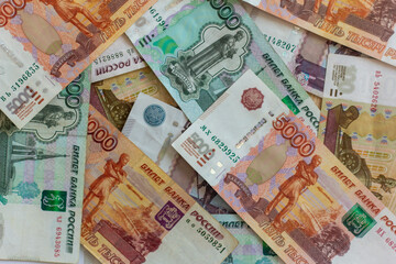 Money background. Various banknotes of Russian rubles.