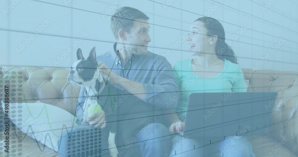 Aufkleber Composite video of statistical data processing over caucasian couple calculating finance together