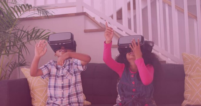 Animation of smiling african american siblings using vr headsets
