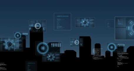 Multiple screens with data processing over silhouette of cityscape against blue background - Powered by Adobe