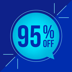 95% off, discount for big sales. Cyan balloon on blue background
