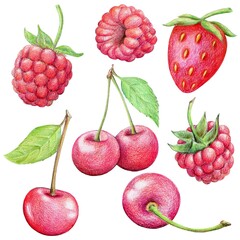 A set of red berries, cherries and raspberries. Botanical illustration. Hand-drawn, colored pencils