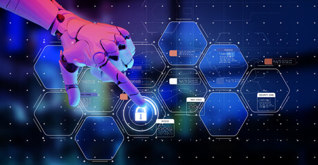 AI artificial intelligence cybersecurity network, antivirus robot program platform virus protection, futuristic modern digital computer network technology, cloud data security privacy