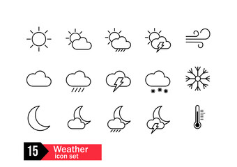zestaw ikon pogoda, słońce, deszcz, burza, księżyc, szron, śnieg, wiatr - obrazy, fototapety, plakaty