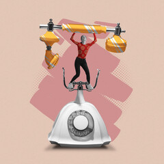 Creative design. Contemporary art collage. Young woman balancing on retro phone isolated over beige...