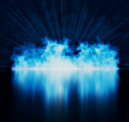 Blue fire background with anisotropic reflection and light rays for product promo images 