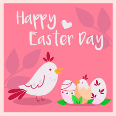 Happy Easter Day spring illustration with nest, eggs and birds on pink background