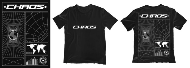 Modern poster with text "Chaos". In Techno style, print for streetwear, for t-shirts, hoodies, and sweatshirts. Isolated on black background © BonkiStudio