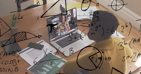 Animation of mathematical equations over african american businesswoman on video call - Powered by Adobe
