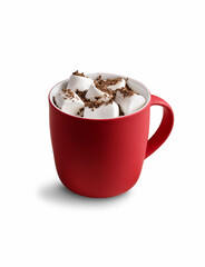 A red cup with hot chocolate and marshmallows, isolated on a white background. Close-up.
