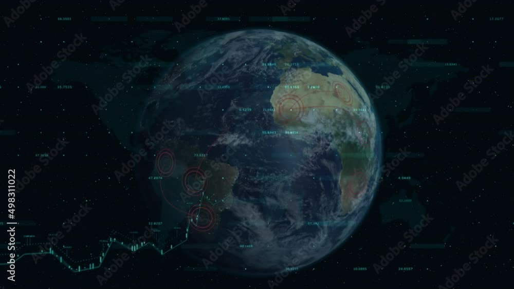 Poster animation of globe over data processing and diagrams on black background