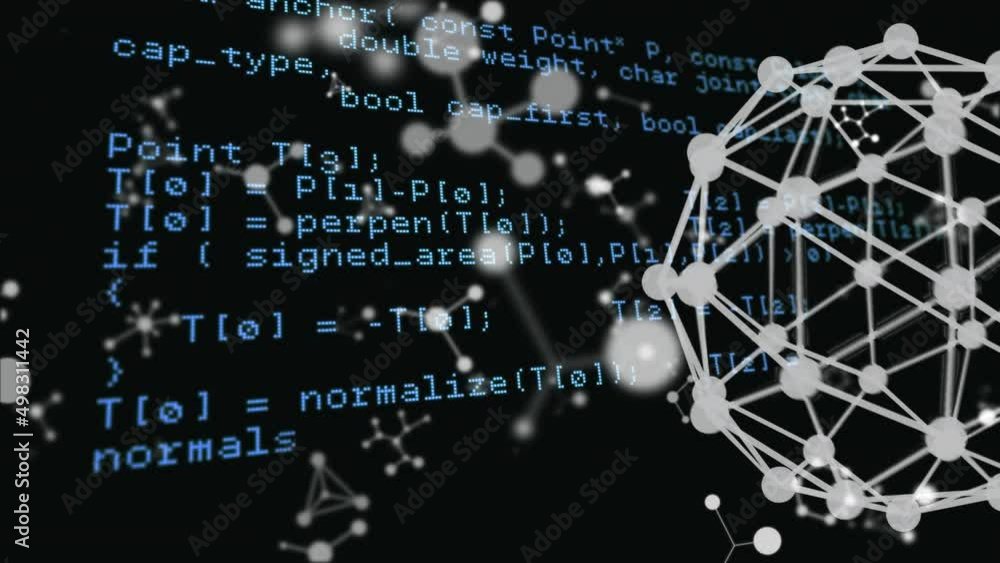 Poster animation of moving shapes and data processing on black background
