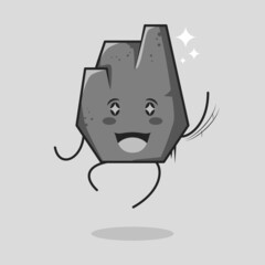 cute stone cartoon with happy expression. jump, one hand up, mouth open and sparkling eyes. suitable for logos, icons, symbols or mascots. grey