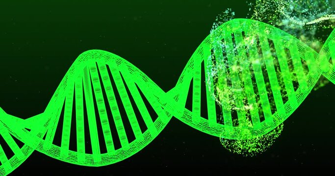 Animation of dna strand and green spots on black background