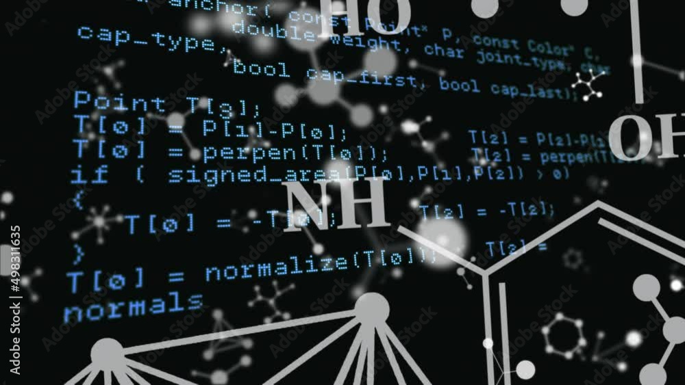 Poster animation of moving shapes and data processing on black background