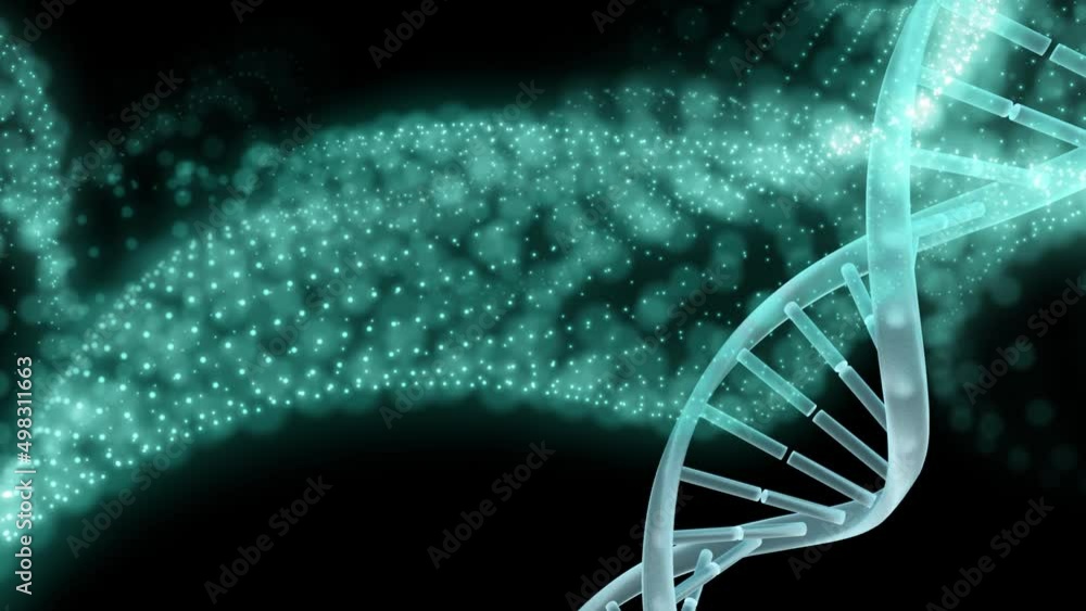 Poster digital animation of dna structure spinning against digital wave on black background