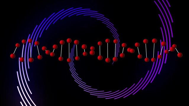 Animation of dna strand and blue trails on black background
