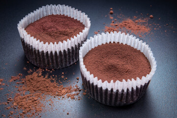 chocolate cupcake sprinkled with cocoa powder on dark background