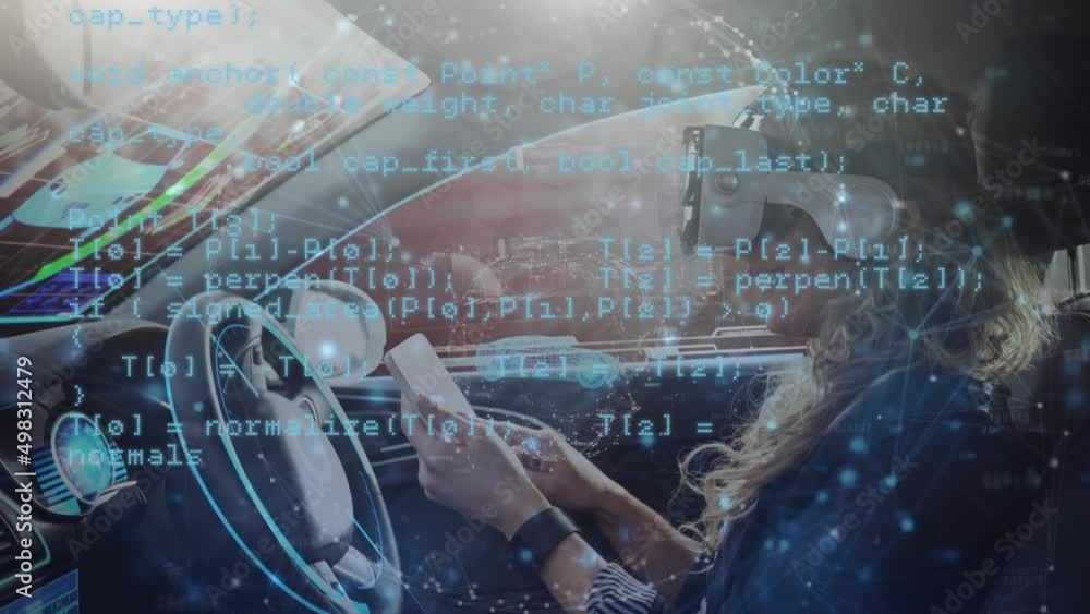 Aufkleber animation of data processing over smiling caucasian woman using vr headset in car