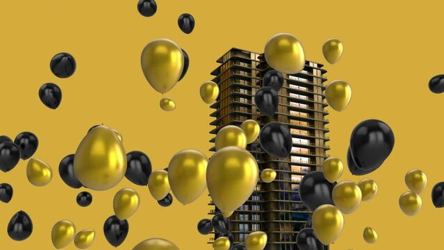 Digital animation of multiple balloons floating over 3d building model against yellow background