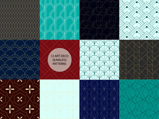 Art deco seamless patterns collection. Black abstract waves. Geometric line shape. Vector stock illustration