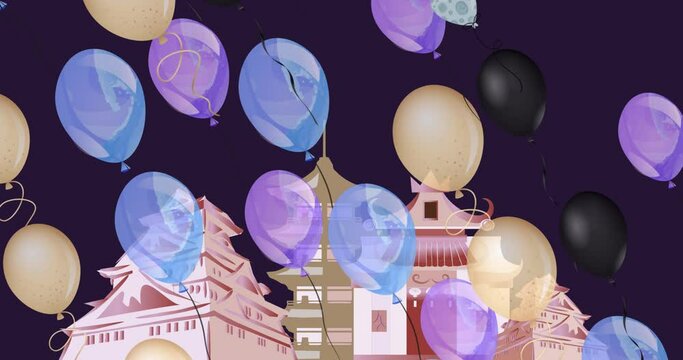 Digital animation of multiple balloons floating over ancient pagoda against black background