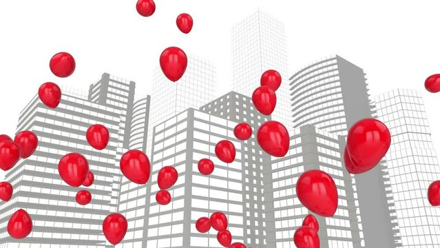 Digital animation of multiple balloons floating over tall buildings model against white background