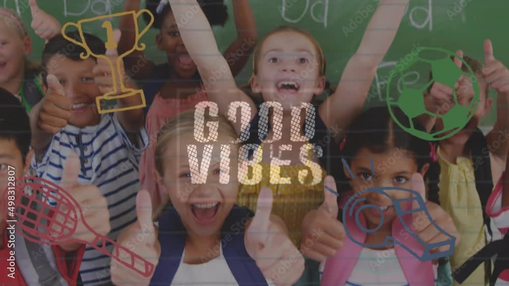 Poster animation of good vibes text with diverse schoolchildren smiling