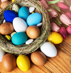 multi colors painted easter eggs in colors flag of ukraine yellow and blue. Happy Easter holiday card	
