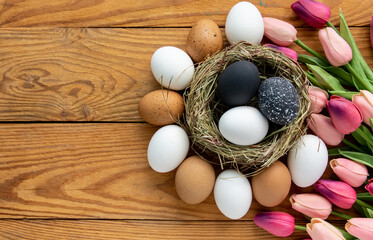 black colors painted easter eggs in decor nest. Happy Easter holiday card